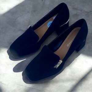 Women’s Andiamo Black Faux Suede Abrant Block Heel Loafer‎ with Gold Trim